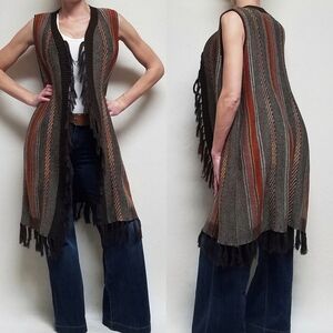 RARE Wrangler Boho Multi-color Striped Knit Fringe Sleeveless Western Maxi Vest